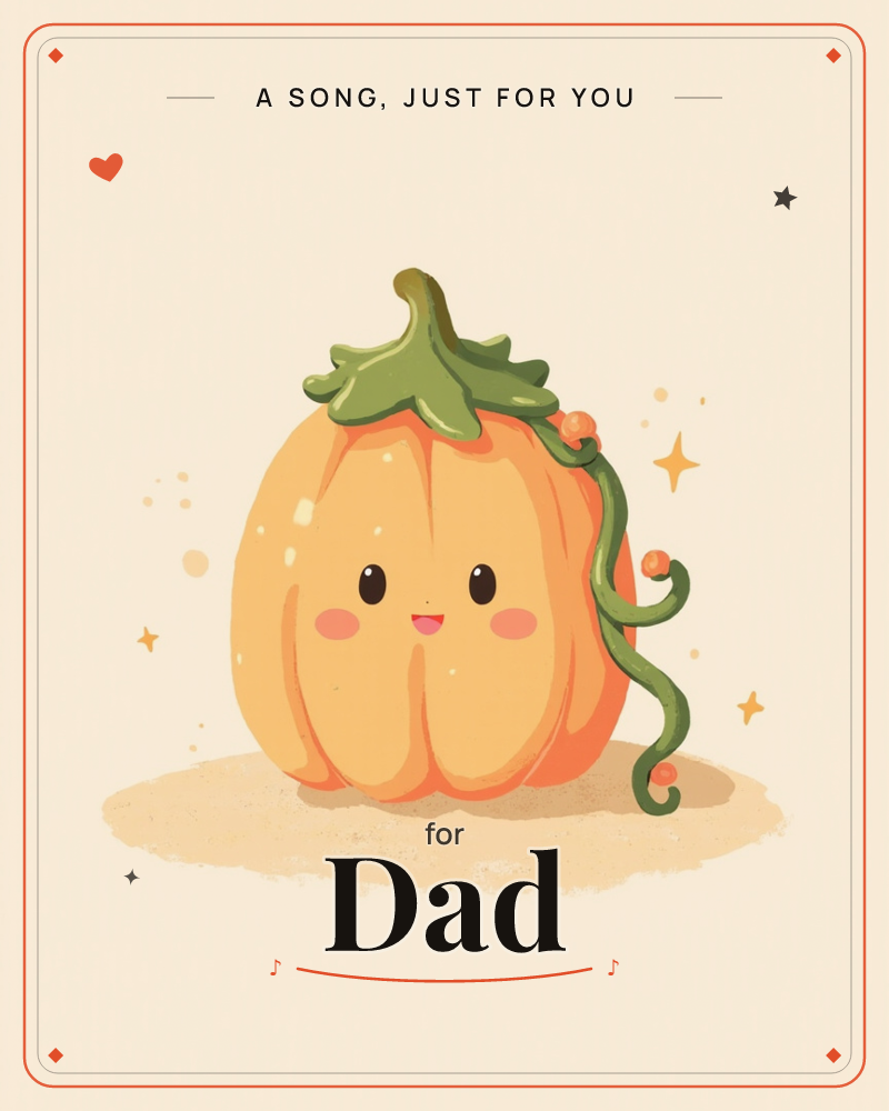 A round, blushing pumpkin with a sweet smiling face sits alone on a pale sandy patch, its curly green vine trailing beside it dotted with tiny orange…, a just because e-card design