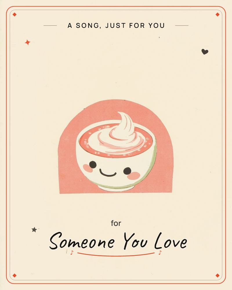A cheerful cartoon cup of soft-serve or whipped cream sits inside a coral-pink arch, its bowl rendered with a friendly smiling face and rosy cheeks, a just because e-card design