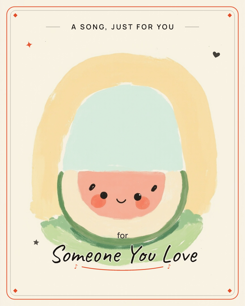 A single watermelon slice with a smiling face and rosy cheeks sits front and center, framed by a soft mint-blue arch and a wide yellow halo of paint on…, a just because e-card design