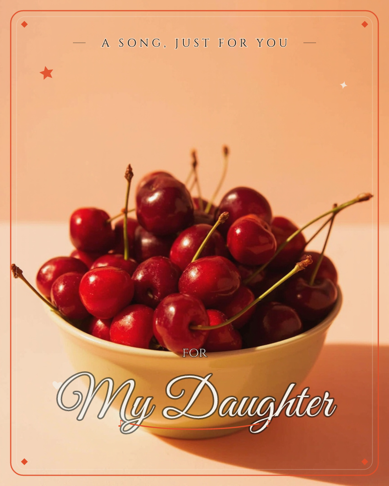 A pale yellow bowl piled high with glossy dark cherries, their stems curling upward, sits against a warm peach-pink backdrop, a just because e-card design