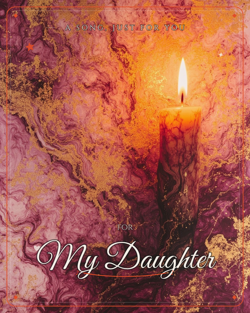 A single marbled candle burns against a swirling backdrop of magenta, plum and gold that looks like ink poured through water, a just because e-card design