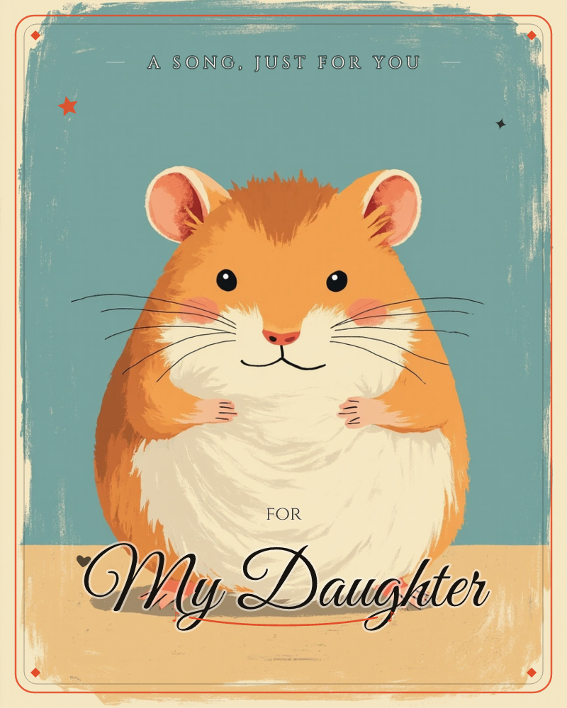 A round, fluffy hamster sits front and centre against a brushed teal backdrop, its tiny paws resting on its own belly and its whiskers spread wide, a just because e-card design