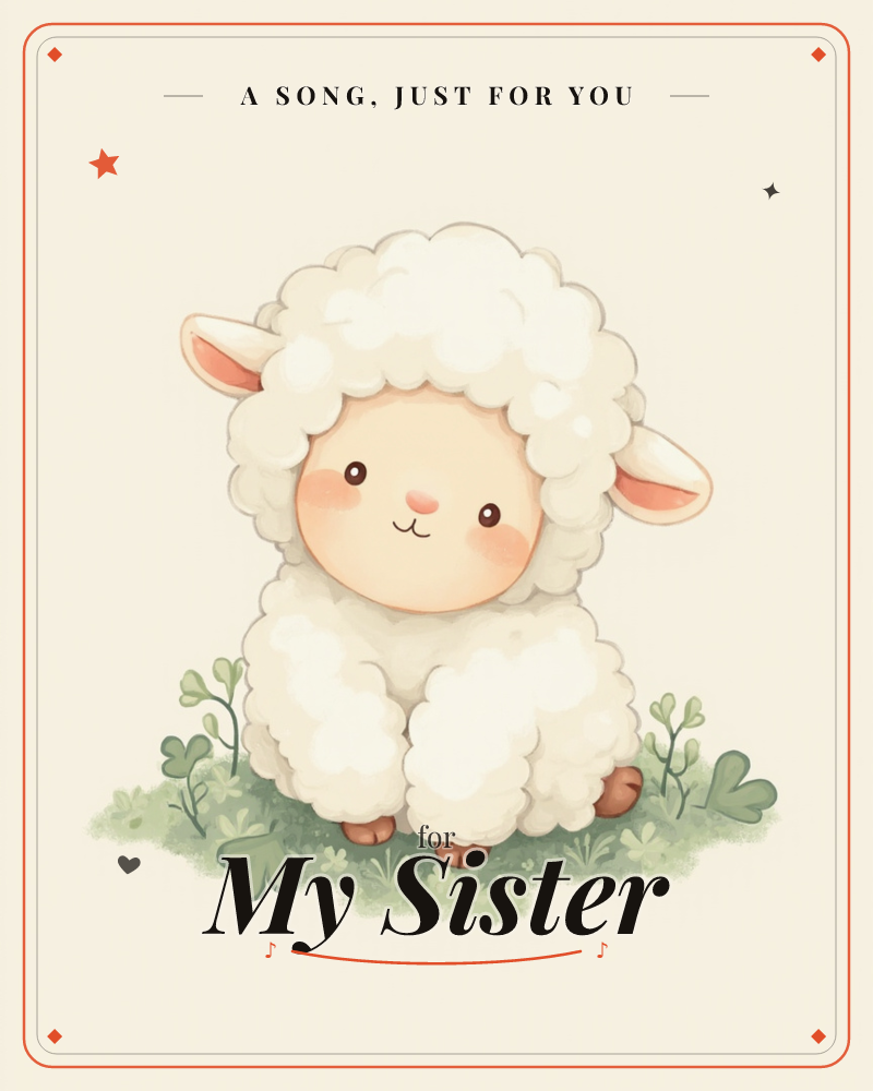 A round, fluffy little lamb with a peachy face and rosy cheeks sits front and center on a patch of soft green clover, its wool rendered in puffy…, a just because e-card design
