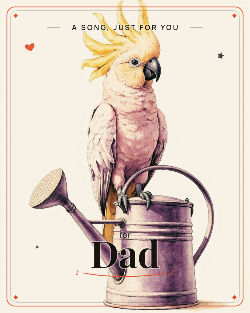 A blush-pink cockatoo with a tall yellow crest perches on the handle of an old metal watering can, its black claws gripping the spout, a just because e-card design
