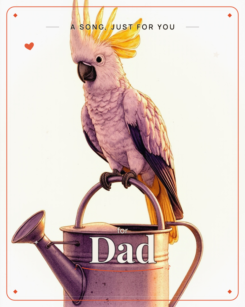 A sulphur-crested cockatoo perches on the handle of an old metal watering can, its yellow crest raised and one foot gripping the curved handle, a just because e-card design