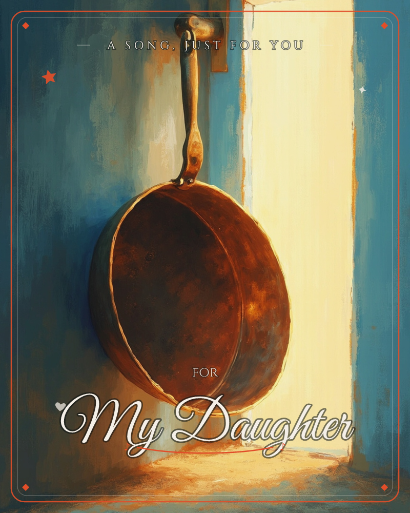 A weathered copper pan hangs from a hook on a textured blue wall, its curved surface catching warm golden light spilling in from a doorway just beside it, a just because e-card design