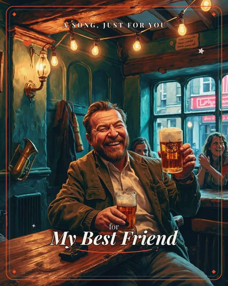 Golden pub lights glow warm against teal shadows, frosty beer mugs raised in laughter as a rainy night city street glimmers beyond the old wooden window, a just because e-card design by @DittyCityTeam