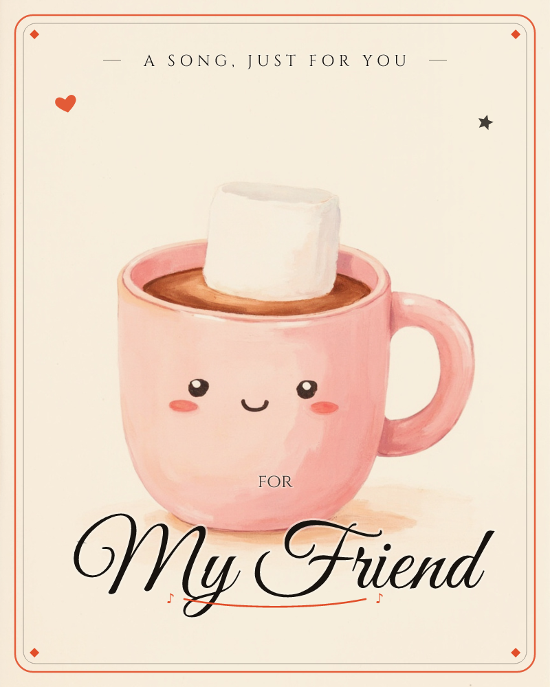 A pink mug with a cheerful smiling face sits front and centre, filled with hot cocoa and a single fat marshmallow floating on top, a just because e-card design