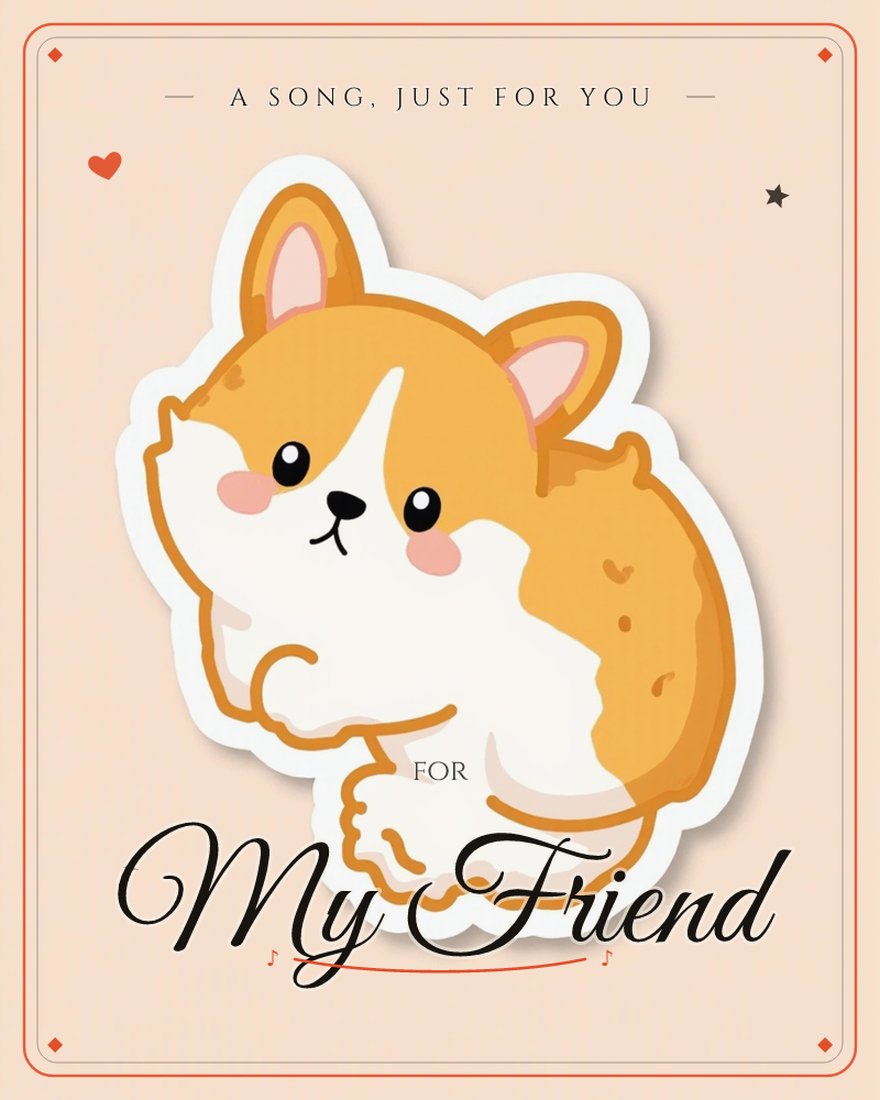 A sticker-style illustration of a chubby corgi curled up with rosy cheeks and a bold white outline, set against a soft glowing peach backdrop, a just because e-card design