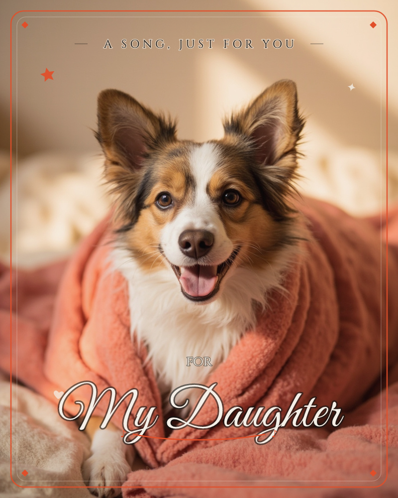 A tricolour dog with big upright ears sits wrapped snugly in a coral-pink blanket on a bed, tongue out in a happy grin, a just because e-card design