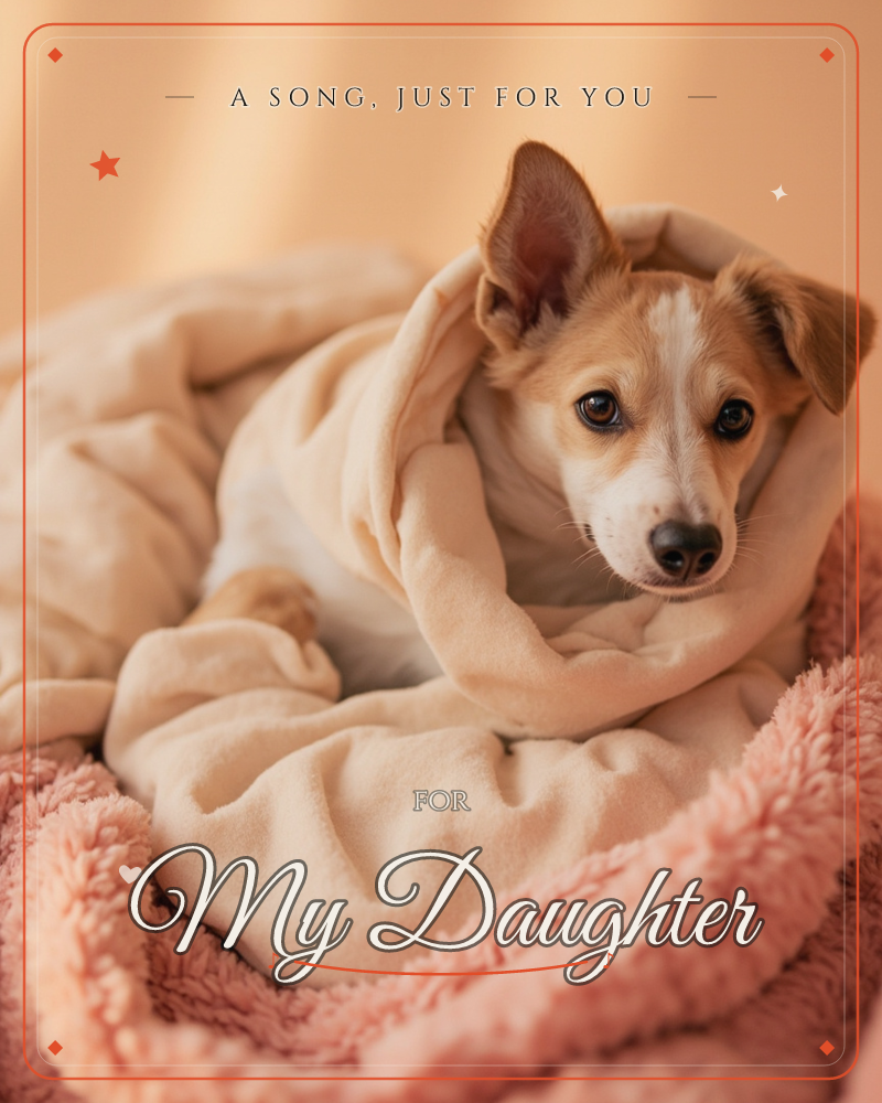 A small tan and white dog is bundled snugly inside a soft cream blanket, only its head poking out, nestled in a plush pink dog bed, a just because e-card design
