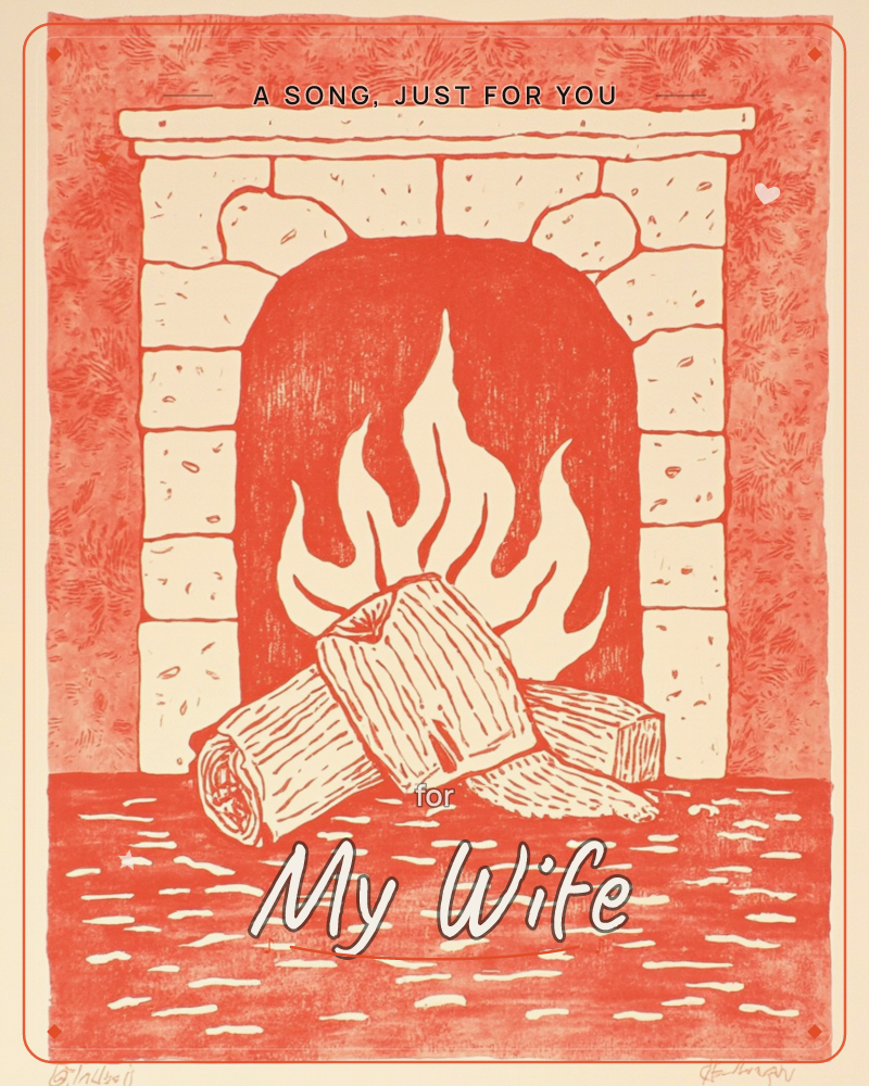 A stone fireplace glows with a bold monochrome flame rising over crackling logs, rendered entirely in warm coral-red ink with heavy cross-hatched texture, a just because e-card design