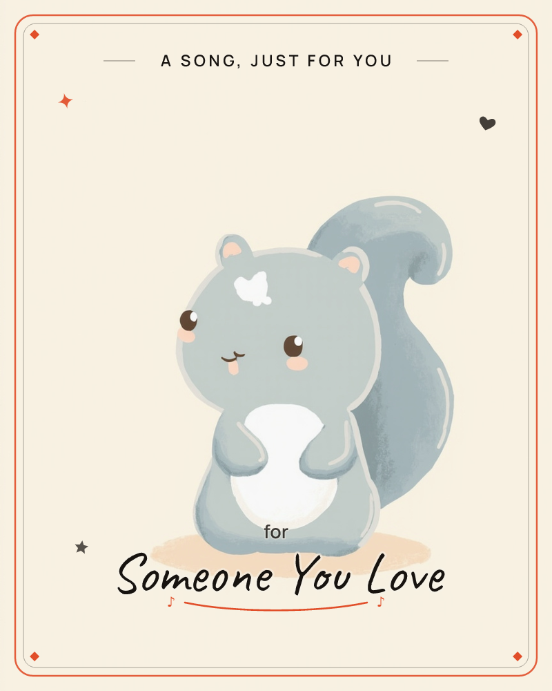 A single blue-grey squirrel stands upright on a soft peach shadow, its big fluffy tail curling up behind it and its little paws clasped over a round…, a just because e-card design