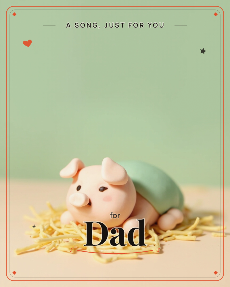 A pudgy pink clay pig with a mint-green blanket draped over its back lies nestled in a bed of pale yellow straw, set against a soft sage-green background, a just because e-card design