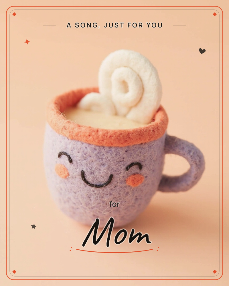 A little felted mug with a happy, blushing face sits against a soft peach background, its lavender body topped with a swirl of felt cream spilling over…, a just because e-card design