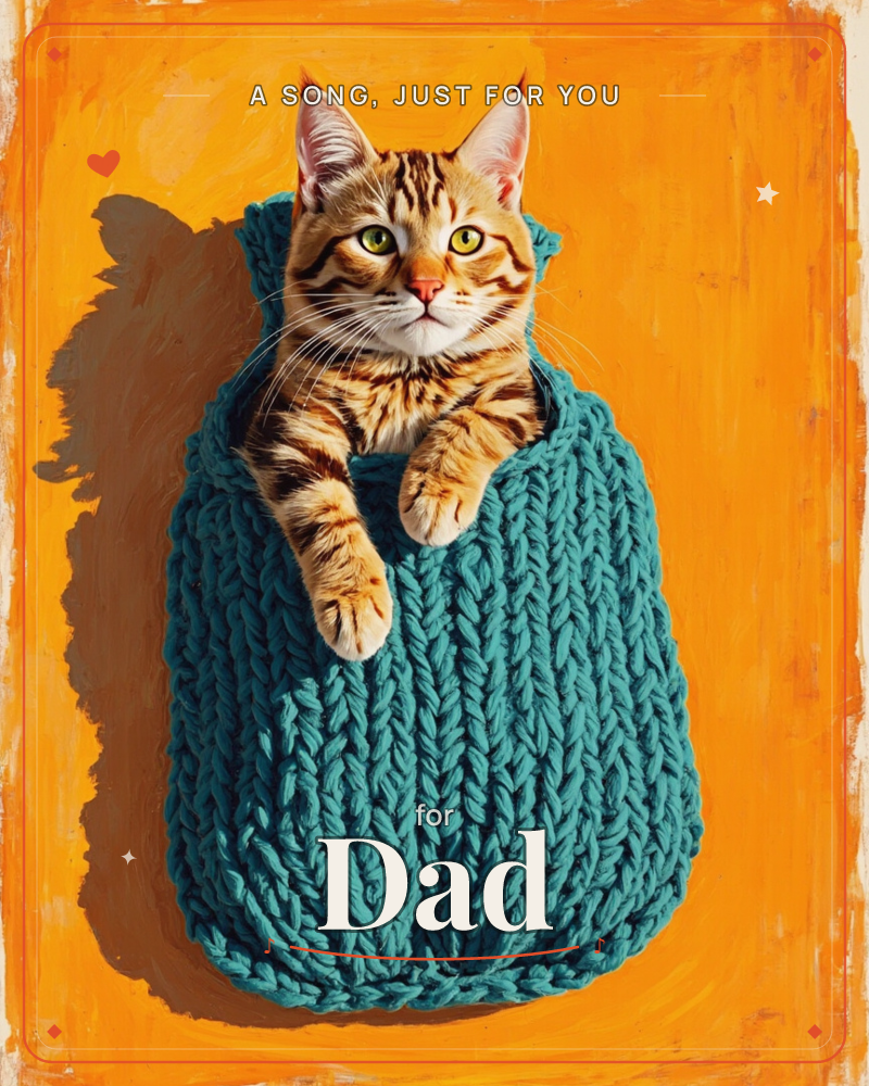 A striped tabby cat sits tucked inside a chunky teal knitted pouch, paws draped over the edge, against a warm painted orange-gold backdrop, a just because e-card design