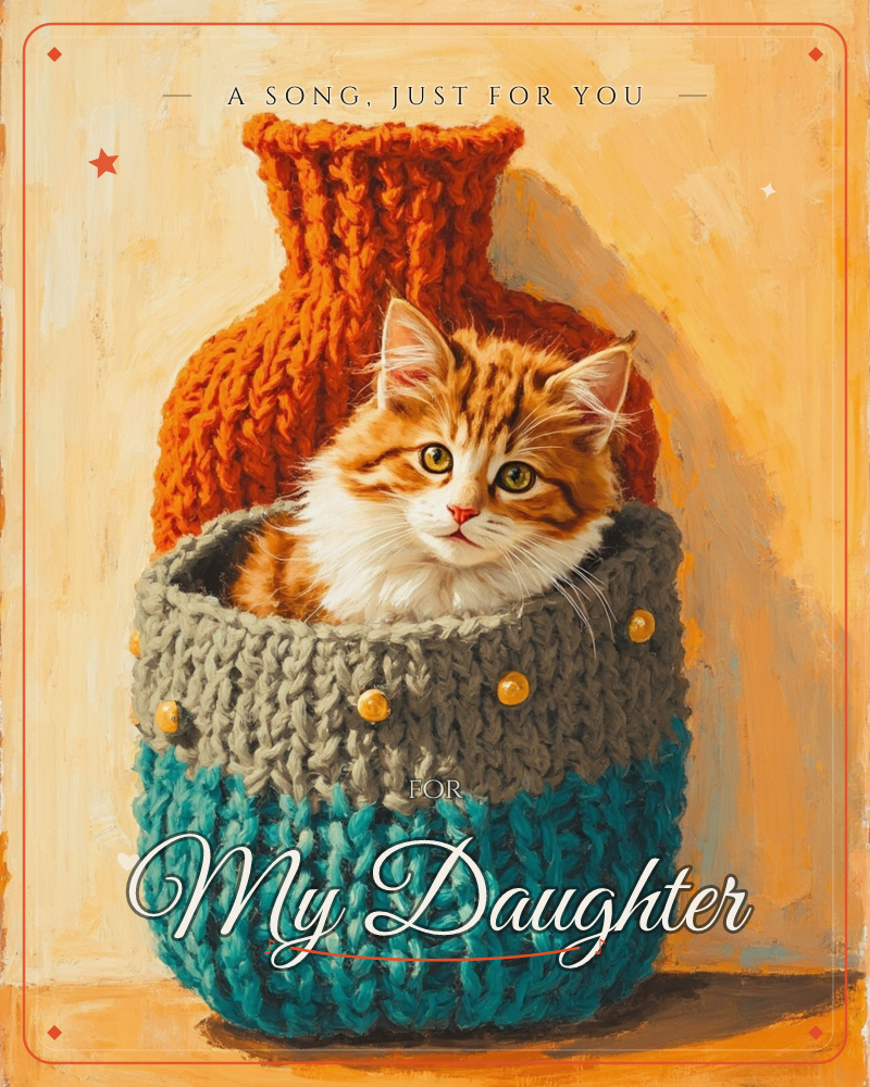A ginger and white tabby kitten peers out from a knitted teal and grey basket, dotted with little gold beads, set against a tall rust-orange knitted…, a just because e-card design