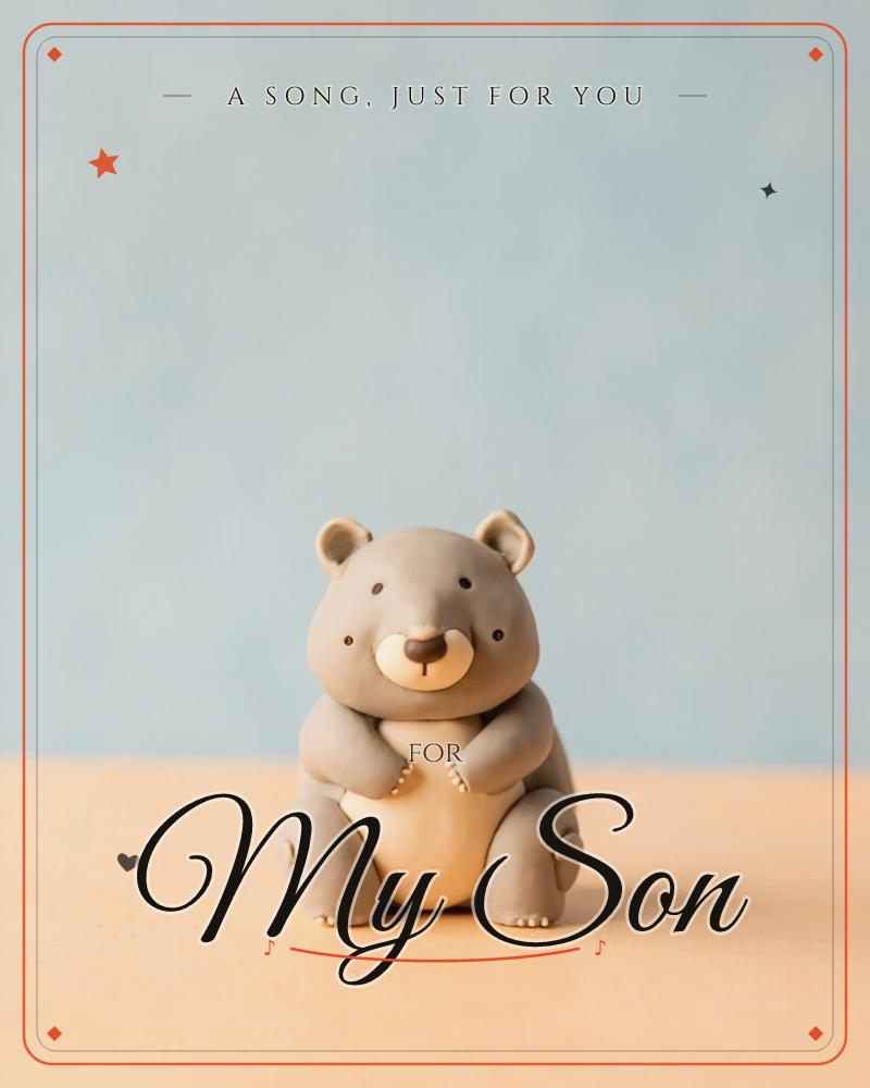 A small round bear figure sits alone against a soft powder-blue backdrop, its paws folded neatly over its cream belly, a just because e-card design