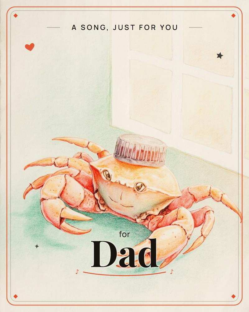 A smiling orange-red crab sits on a pale green floor beside a sunlit window, wearing a small metal bottle cap perched on its shell like a hat, a just because e-card design