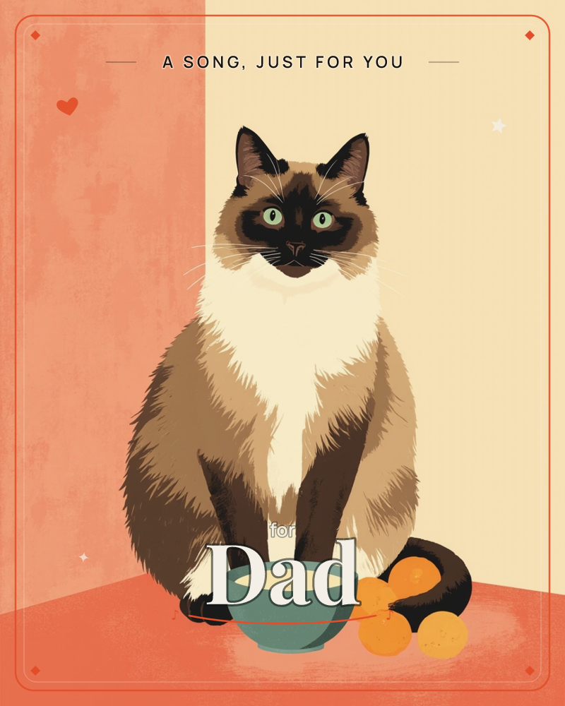 A fluffy Siamese-marked cat sits upright in the corner of a room, facing forward with pale green eyes, a just because e-card design