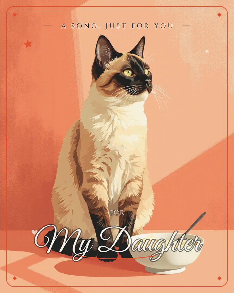 A Siamese cat sits upright against a bold coral-orange wall, its cream coat and dark points catching a sharp diagonal beam of light, a just because e-card design