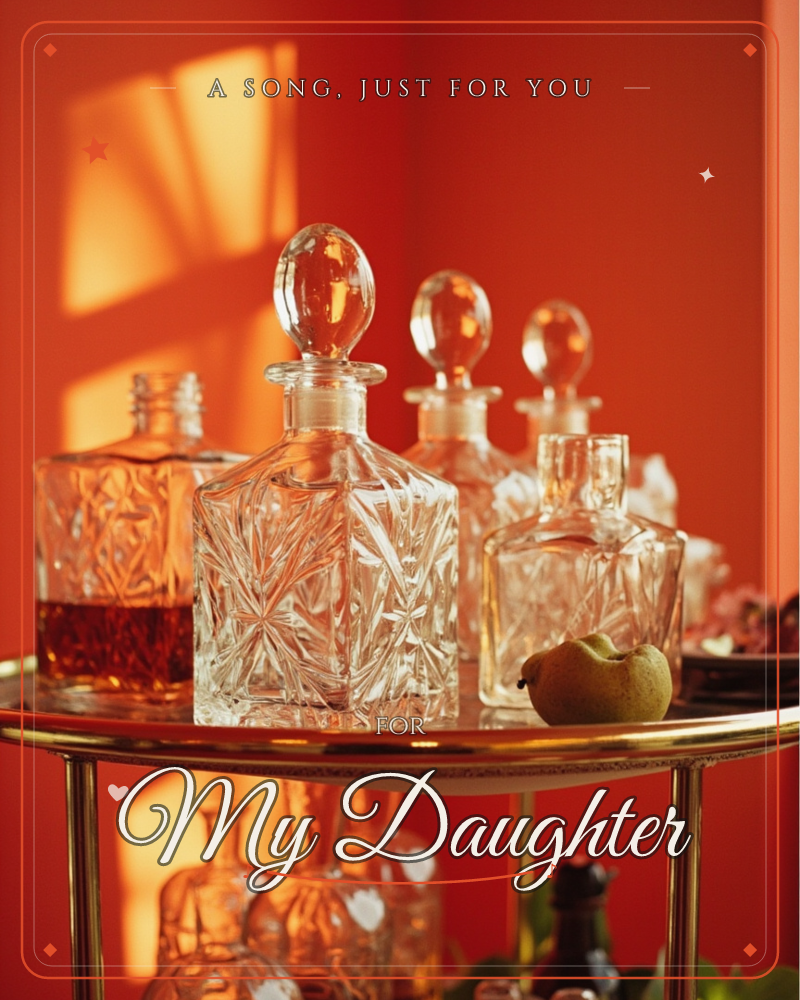 A cluster of cut-crystal decanters catches the light on a brass-edged bar cart, one holding amber spirit, the others glinting empty against a wall…, a just because e-card design