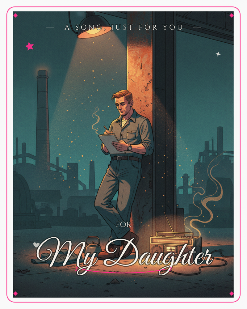 A man leans against a rusted factory pillar under a hanging lamp, writing on a clipboard while smoke curls from a cigarette and an old radio at his feet, a just because e-card design by @DittyCityTeam