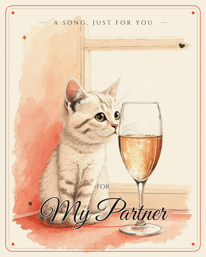 A pale grey tabby kitten sits on a windowsill beside a tall champagne flute filled with sparkling pink bubbly, its whiskers nearly brushing the glass, a just because e-card design