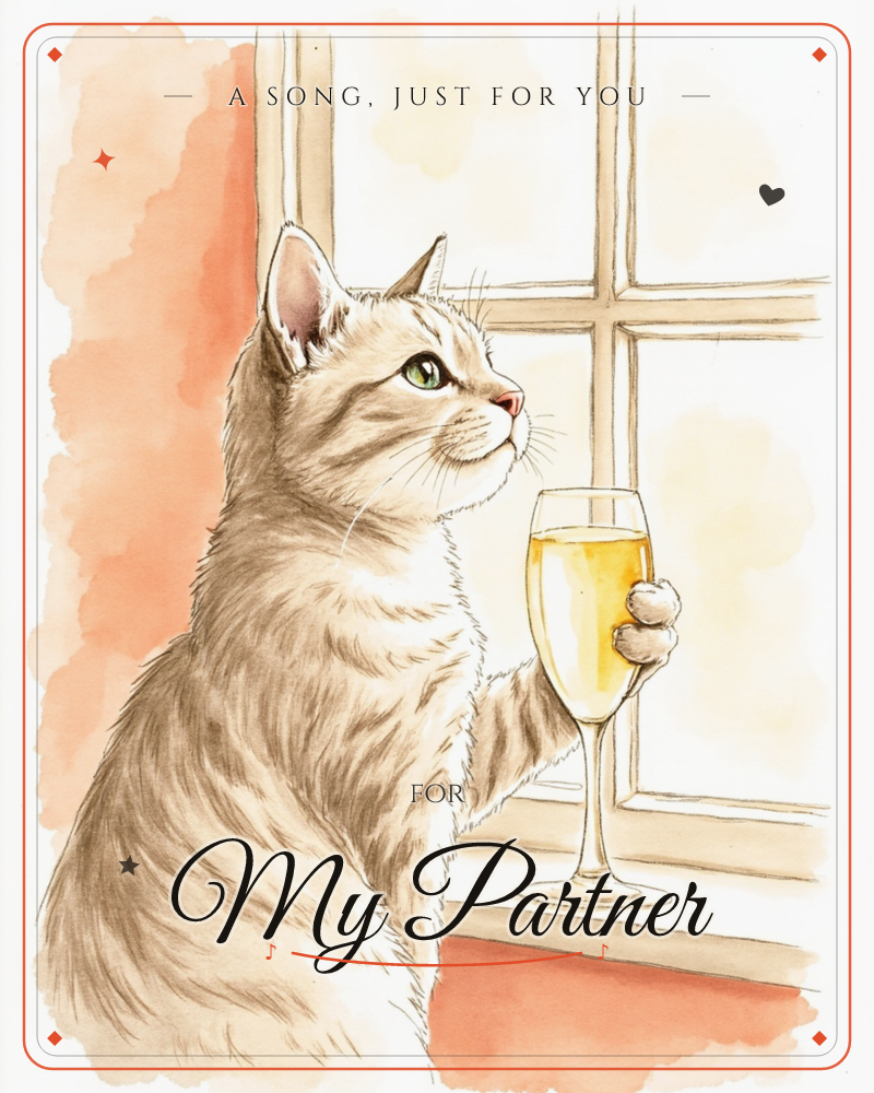 A tabby cat sits primly by a sunlit windowpane, holding a champagne flute up in one paw as if toasting the view, a just because e-card design