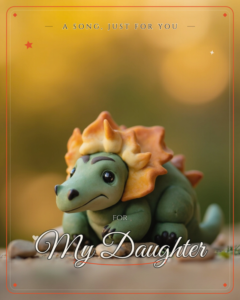 A handmade clay figurine of a chubby green dinosaur with a crest of orange and yellow flame-like spikes sits low among small pebbles, a just because e-card design