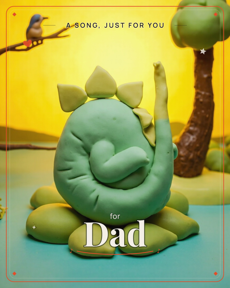 A clay-sculpted green dinosaur curls itself into a tucked, sleepy coil atop a bed of rounded leaf shapes, its long neck stretched upward and its back…, a just because e-card design