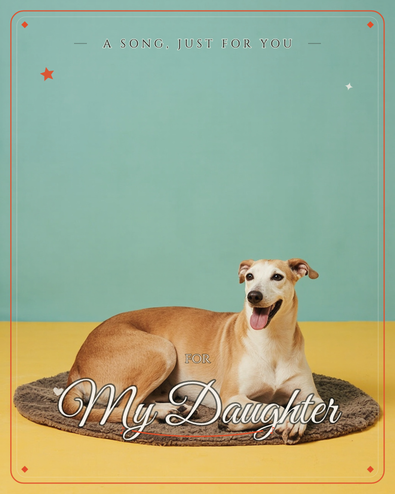 A slender tan-and-white whippet lies curled on a small round mat, mouth open in a happy pant, set against a plain seafoam-green backdrop that meets a…, a just because e-card design