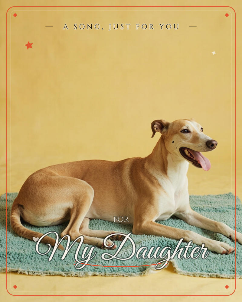 A tan greyhound-type dog lies contentedly on a small teal rug, tongue out and ears relaxed, set against a warm mustard-yellow backdrop, a just because e-card design