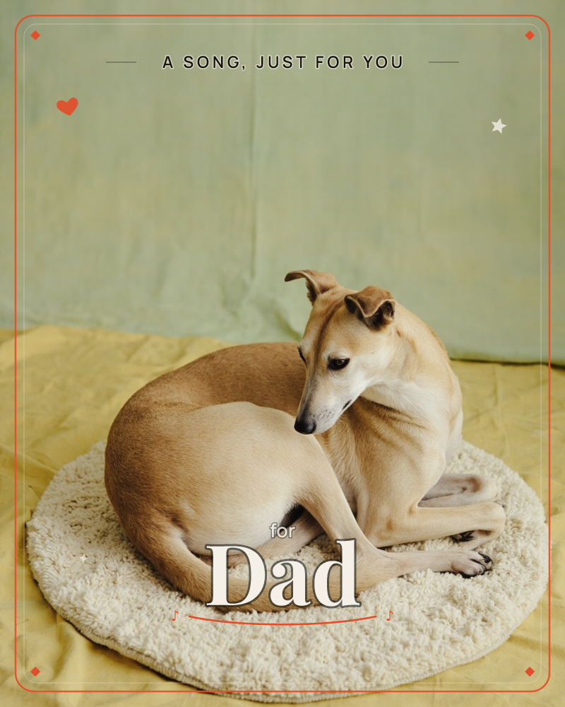 A slender fawn-coloured greyhound curls neatly on a round sheepskin cushion, its long legs tucked and tail wrapped close to its body, a just because e-card design