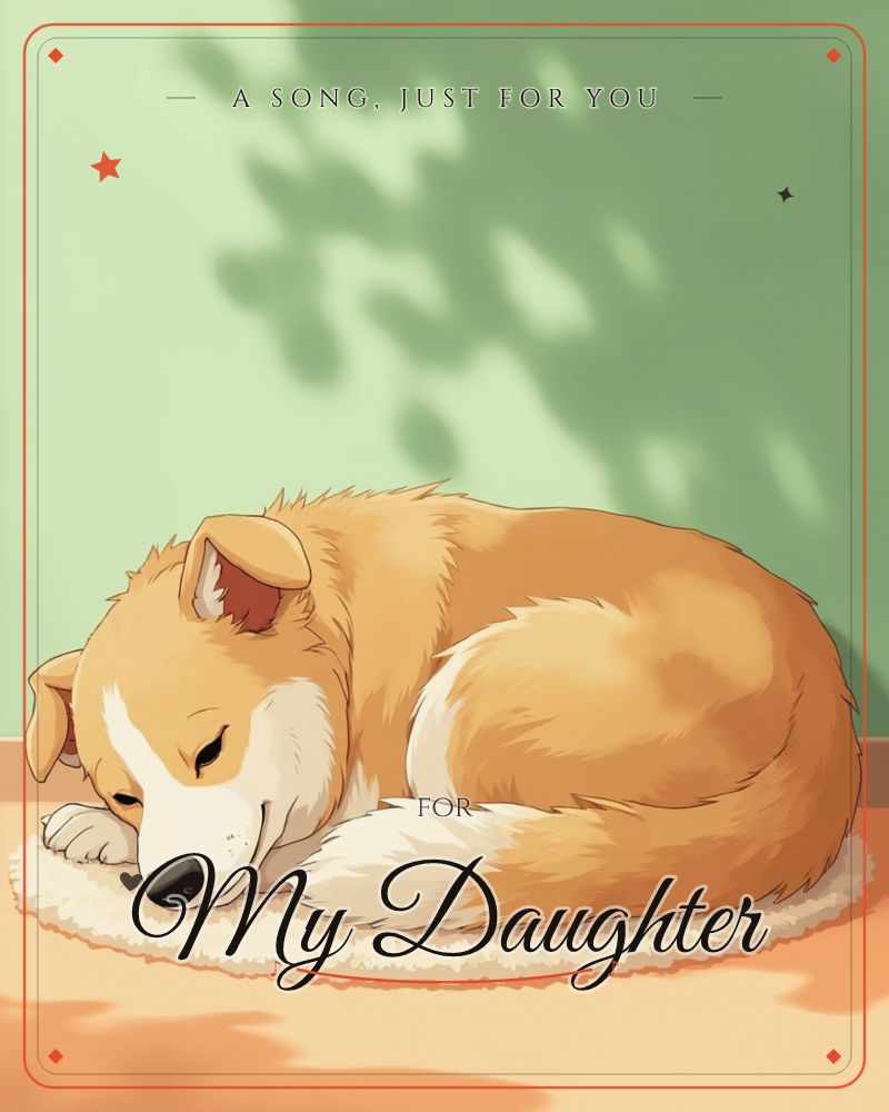 A golden-furred dog is curled up asleep on a small round rug, its nose tucked toward its paws, a just because e-card design