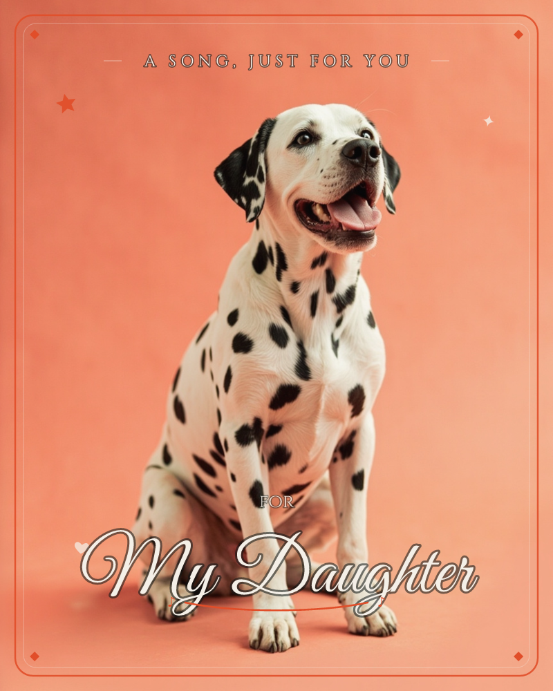 A Dalmatian sits upright against a flat coral-peach backdrop, tongue out and mouth open in a happy grin, looking up and off to the side, a just because e-card design