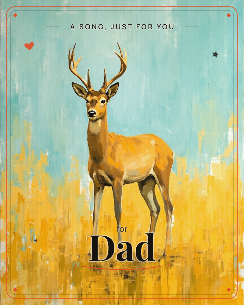 A stag with tall branching antlers stands alert in a field of golden grass, its body painted in warm caramel and cream tones, a just because e-card design