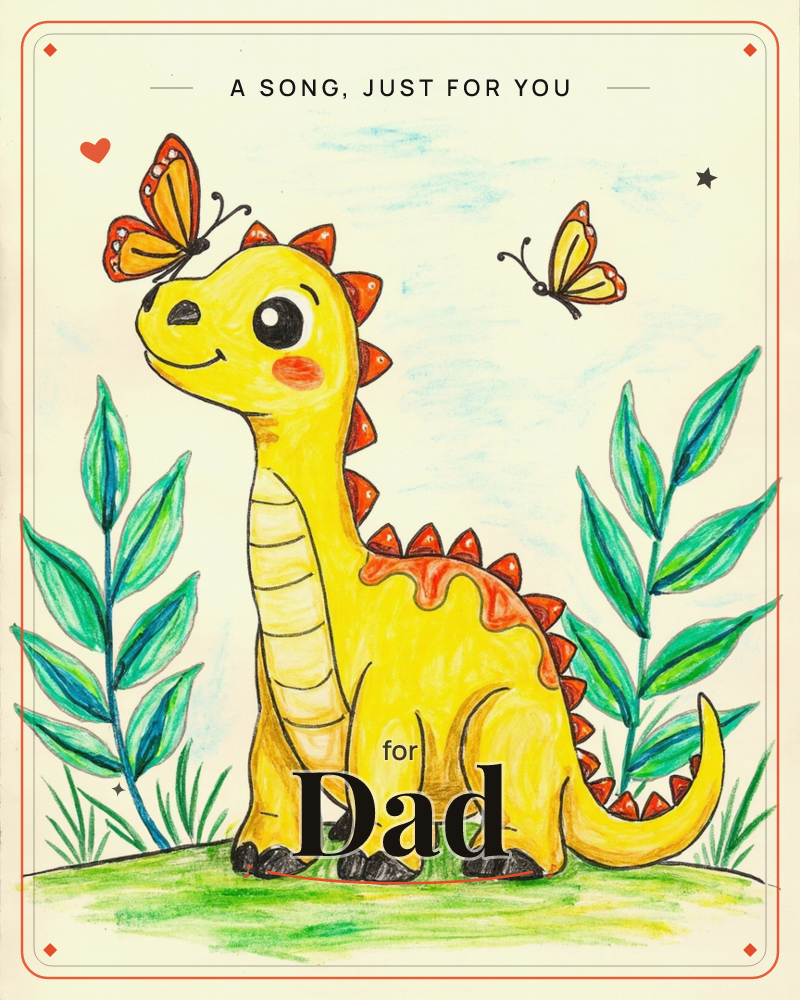 A cheerful yellow dinosaur with a row of orange spikes down its back stands smiling on a grassy patch, an orange butterfly perched on the tip of its nose, a just because e-card design