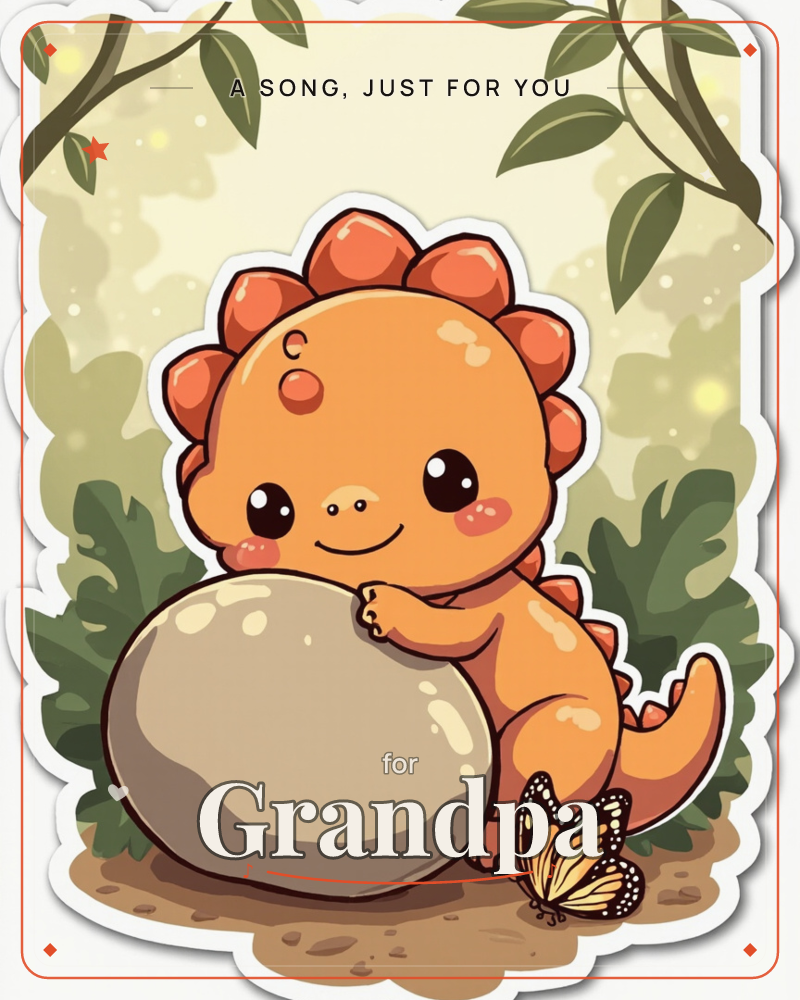 A round-bellied orange dinosaur with a row of coral spikes down its back rests both paws on a smooth grey egg in a sunlit jungle clearing, a just because e-card design