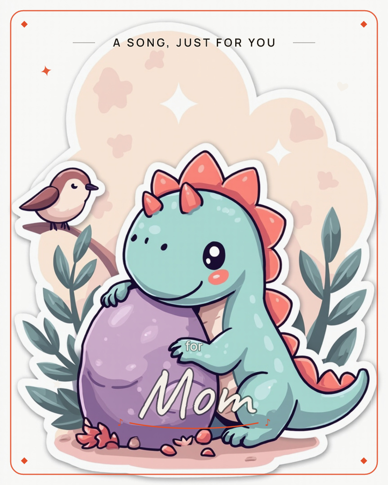 A round-eyed baby dinosaur in mint green hugs a large purple egg with both little arms, its coral spikes and horns standing up proudly, a just because e-card design