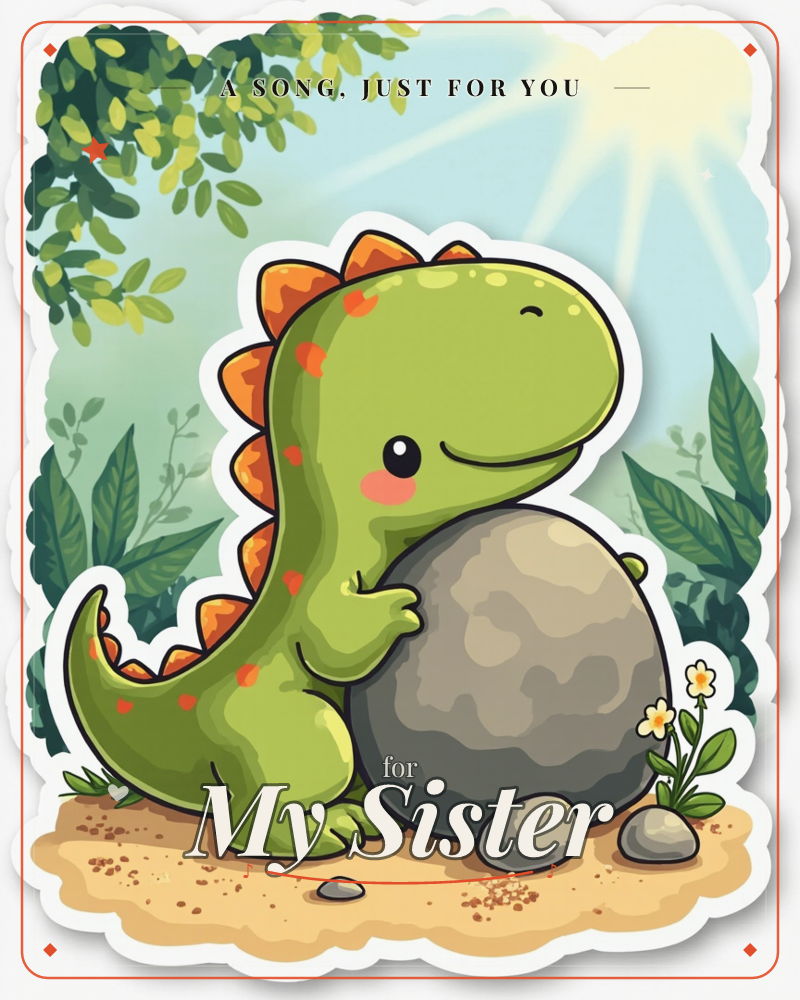 A cheerful green dinosaur with orange spikes and rosy cheeks leans against a big grey boulder in a sunlit jungle clearing, a just because e-card design