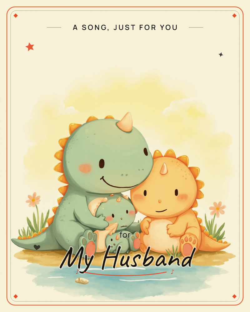 Three cartoon dinosaurs, one green and larger, one orange, and one tiny pale green baby tucked between them, sit together on a sandy bank beside a…, a just because e-card design