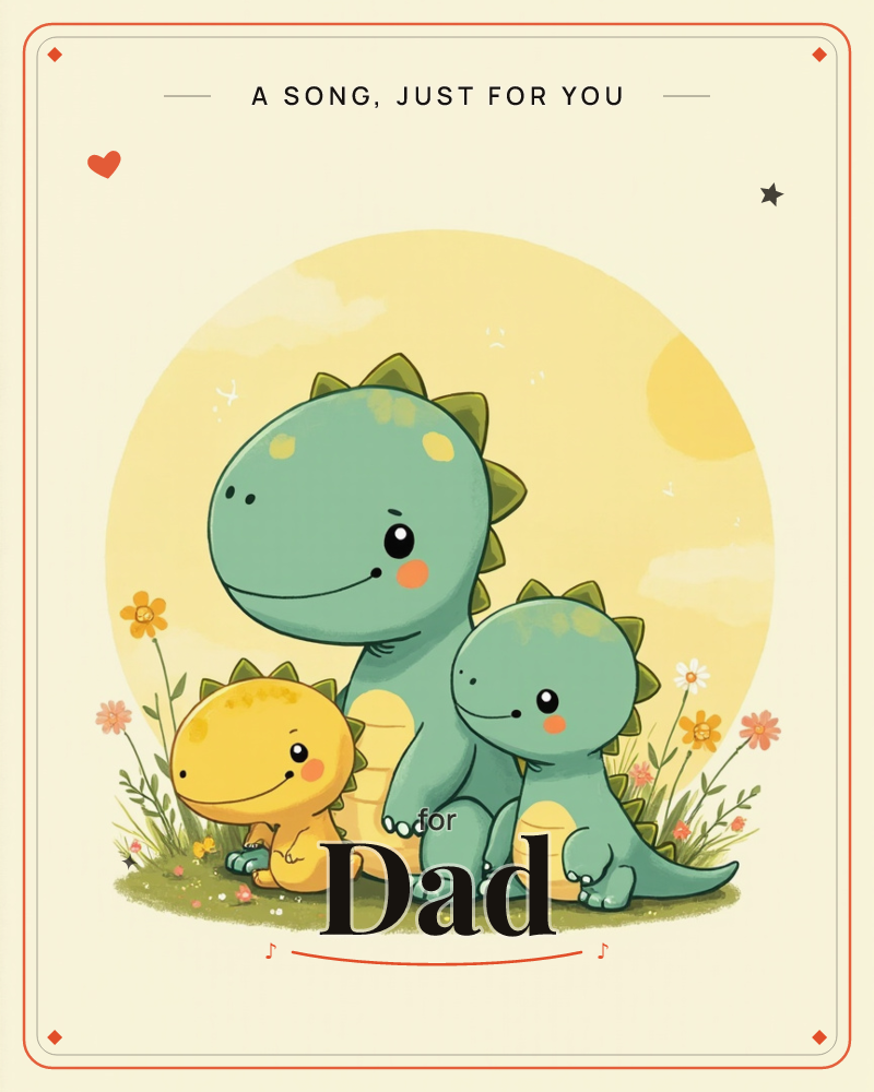 A large green dinosaur sits between two smaller dinosaurs, one yellow and one green, on a patch of grass scattered with small flowers, a just because e-card design