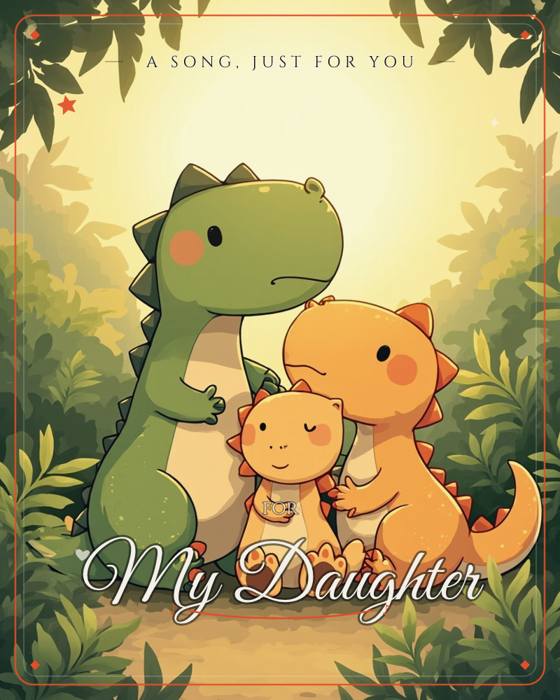 Three cartoon dinosaurs sit huddled together on a jungle path, a green dino and an orange dino flanking a small pale-yellow baby dino between them, a just because e-card design