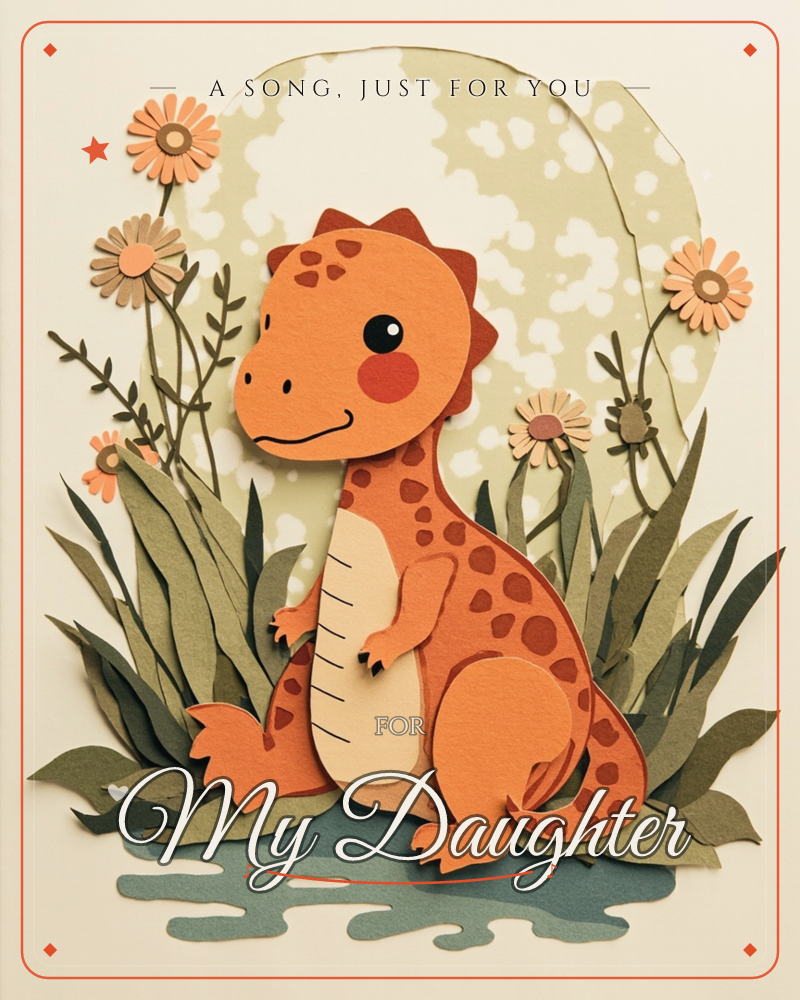 A cheerful paper-cut dinosaur sits among tall grasses and daisies, its spotted orange body and cream belly layered like real card stock against a…, a just because e-card design