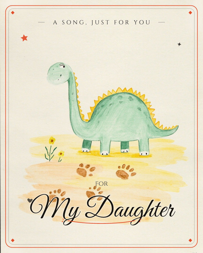 A gentle green long-necked dinosaur with a row of yellow spikes down its back stands on a patch of sandy ground, its white-toed feet leaving a trail of…, a just because e-card design