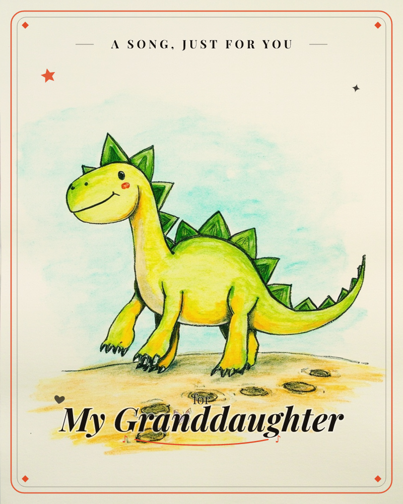 A cheerful green dinosaur with dark green spiked plates ambles across a sandy path, leaving rounded footprints behind it as a tiny butterfly flutters…, a just because e-card design