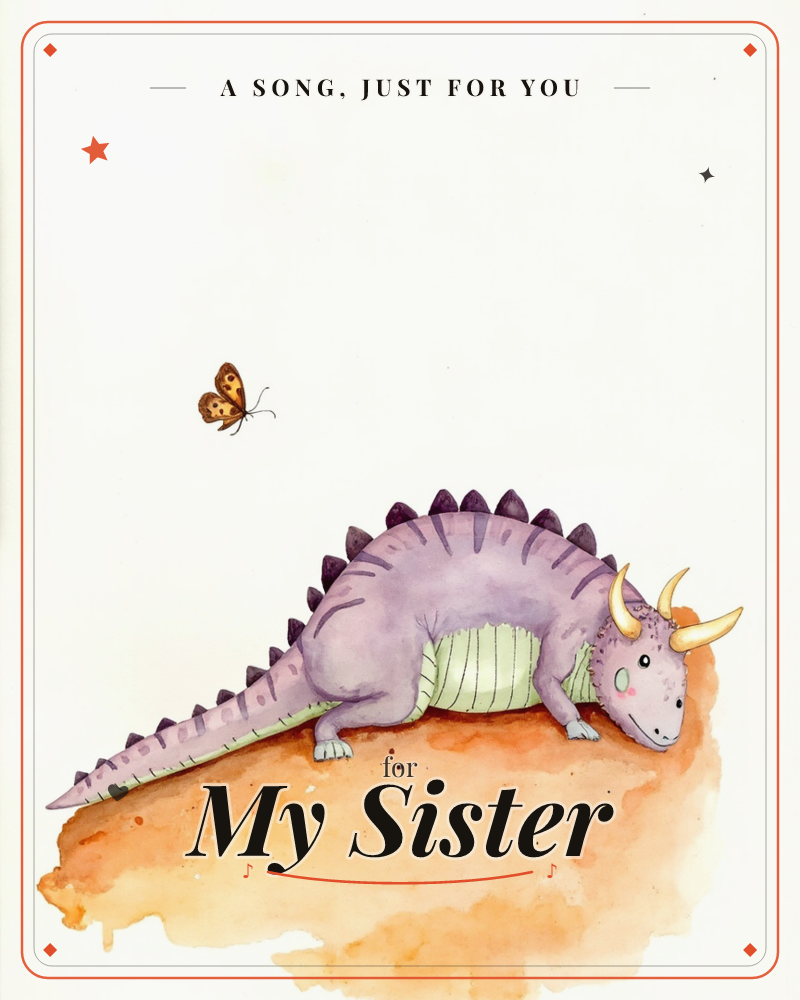A gentle purple triceratops with golden horns and spiky ridges rests low on a warm orange patch of ground, watching a small brown butterfly flutter…, a just because e-card design