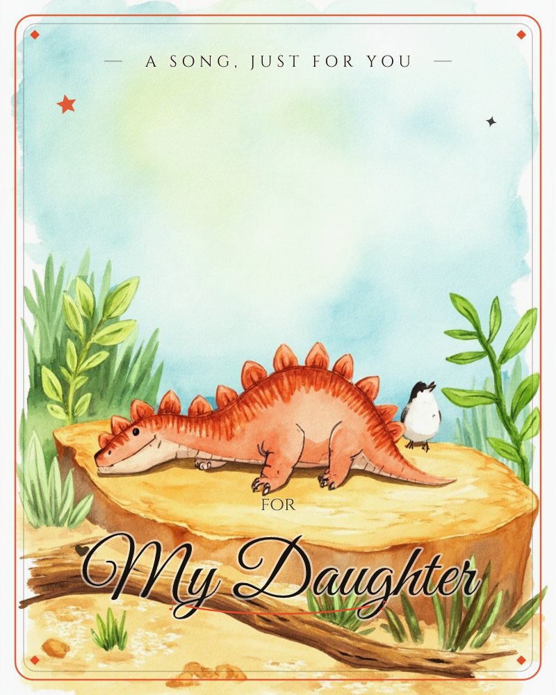A cheerful orange stegosaurus lies flat on a sandy rock outcrop, resting its chin on the ground while a small black-and-white bird perches beside its tail, a just because e-card design