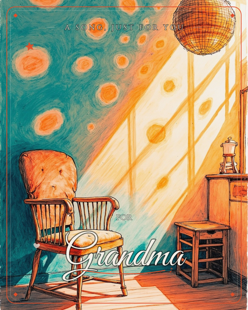 A cosy interior corner glows where a shaft of window light cuts diagonally across a teal wall, scattering warm orange circles like sunlit polka dots, a just because e-card design
